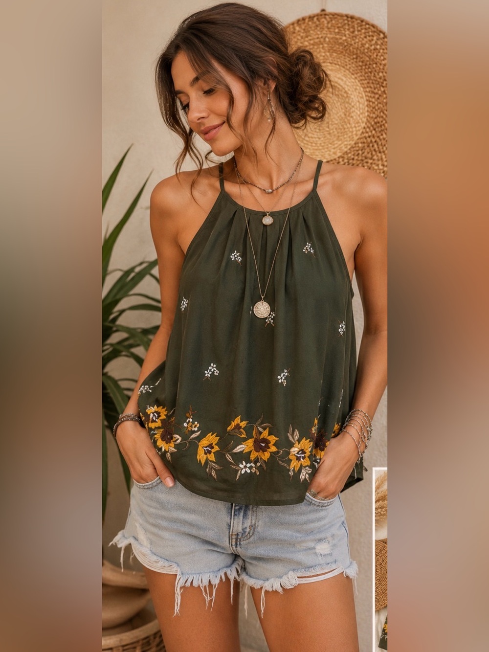 DNA Couture Olive Floral Embroidered Sleeveless Boho Tank Top โ Size Small - Picture 5 of 14